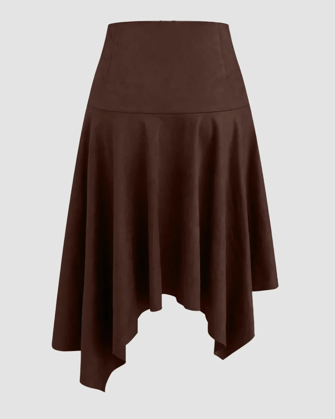 High-Waist Handkerchief-Hem Flared Midi Skirt in Dark Brown