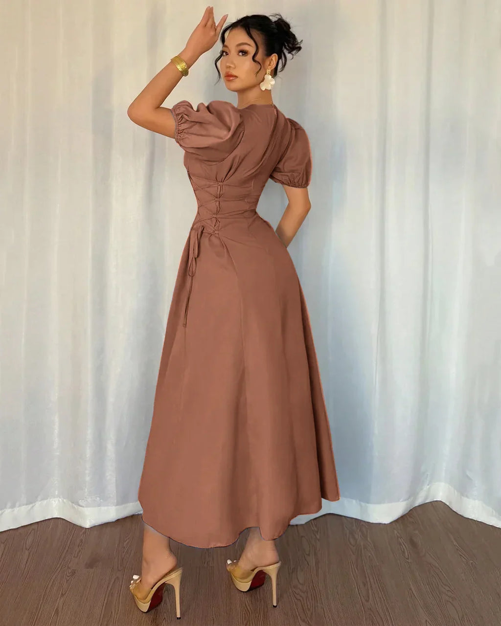 Mocha Puff Sleeve A-Line Midi Dress