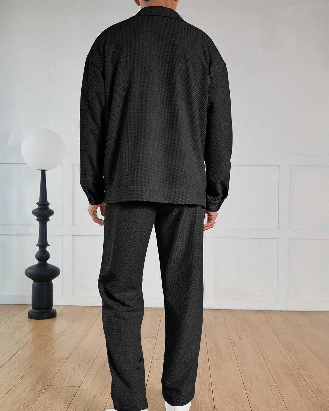 Men Waffle Texture Jacquard Shirt Set In Black