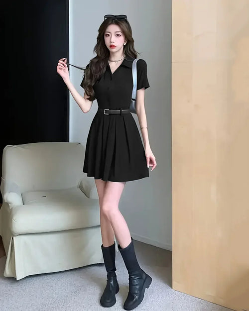 Black Collared Short Sleeve Skirt Mini Dress