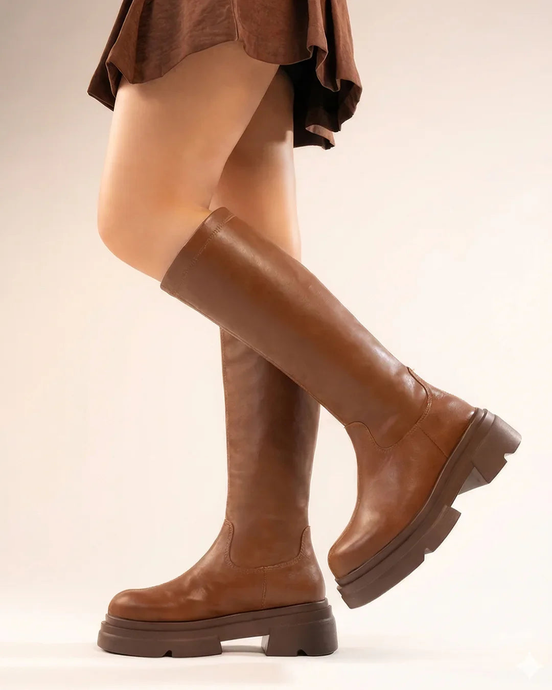 Slim Fit Solid Knee-High Heeled Boots in Mud Brown