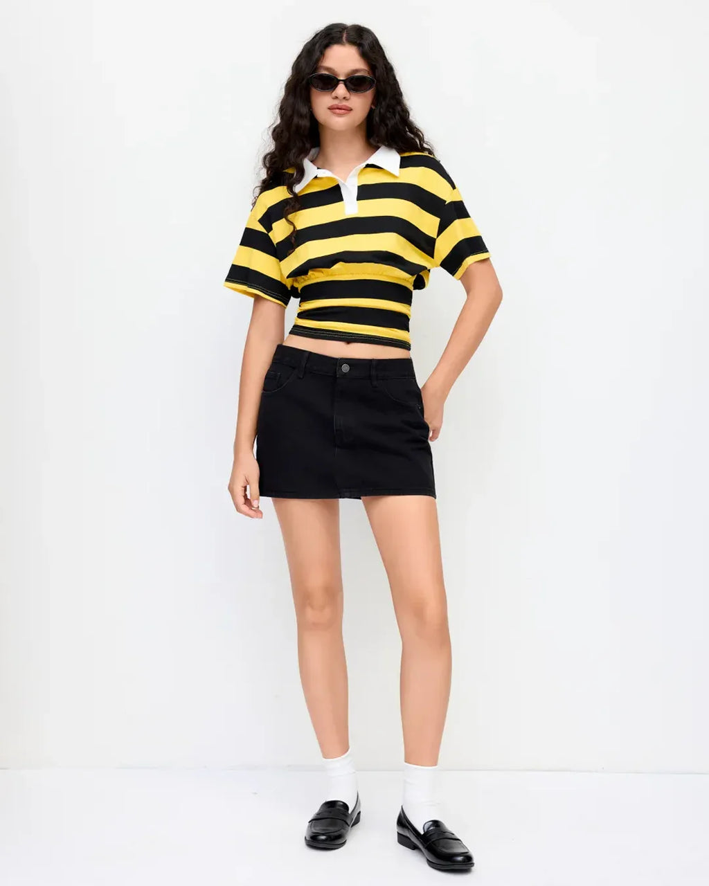 Yellow and Black Striped Cropped Collar T-Shirt