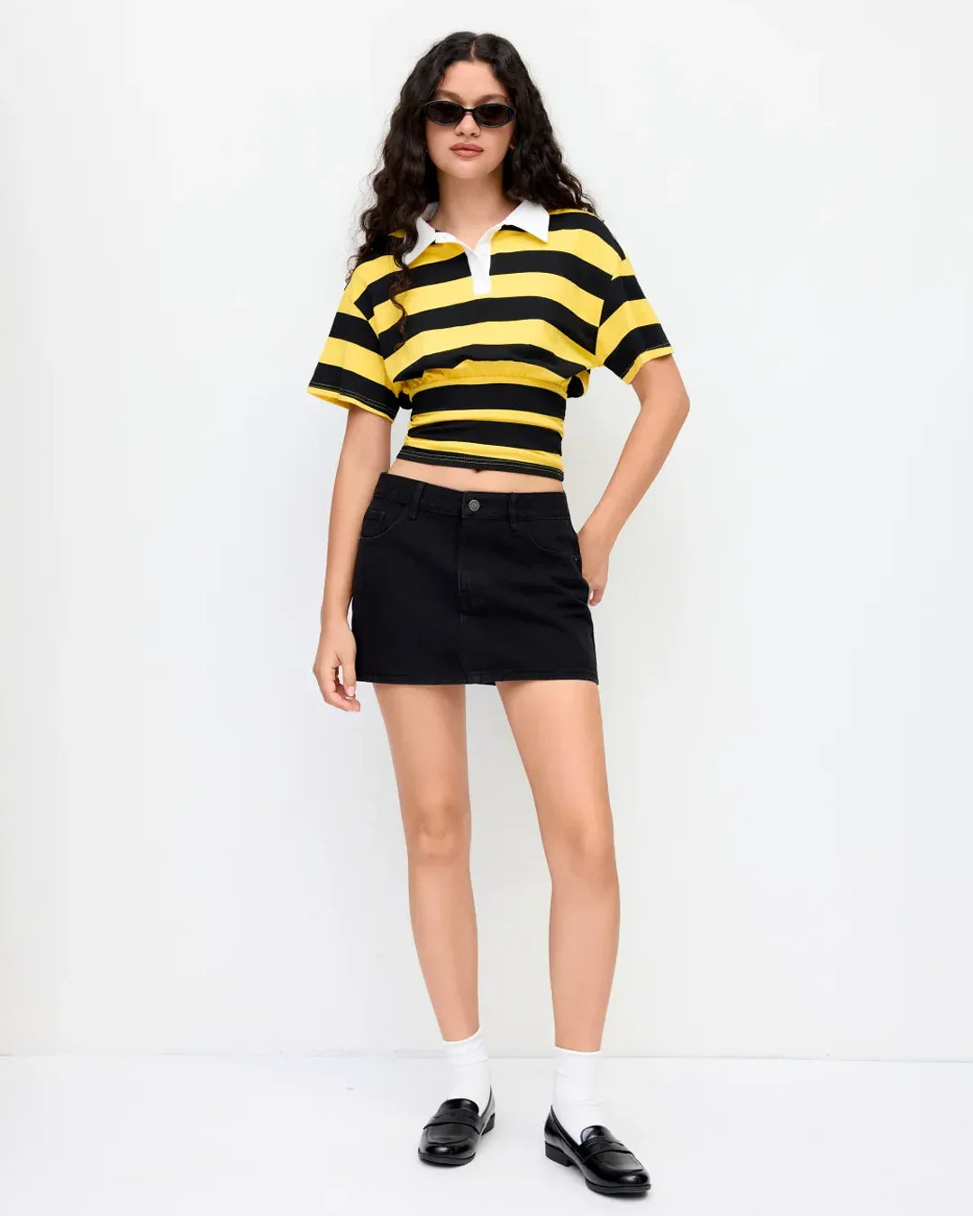 Yellow and Black Striped Cropped Collar T-Shirt