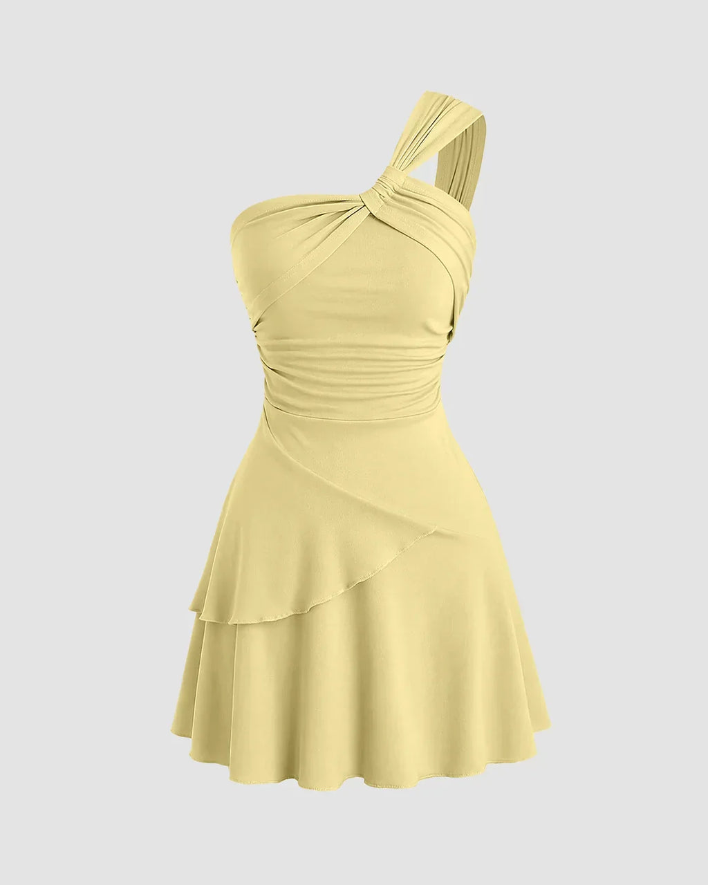 One Shoulder Ruched Layered Mini Dress in Vanilla