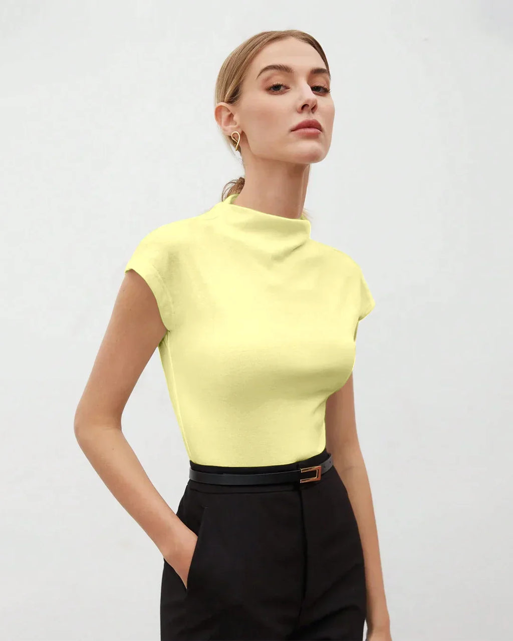Mock Neck Cap Sleeve Fitted Top in Vanilla