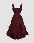 Maroon Ruched Square Neck Ruffle High-Low Midi Dress with Ruffle Hem
