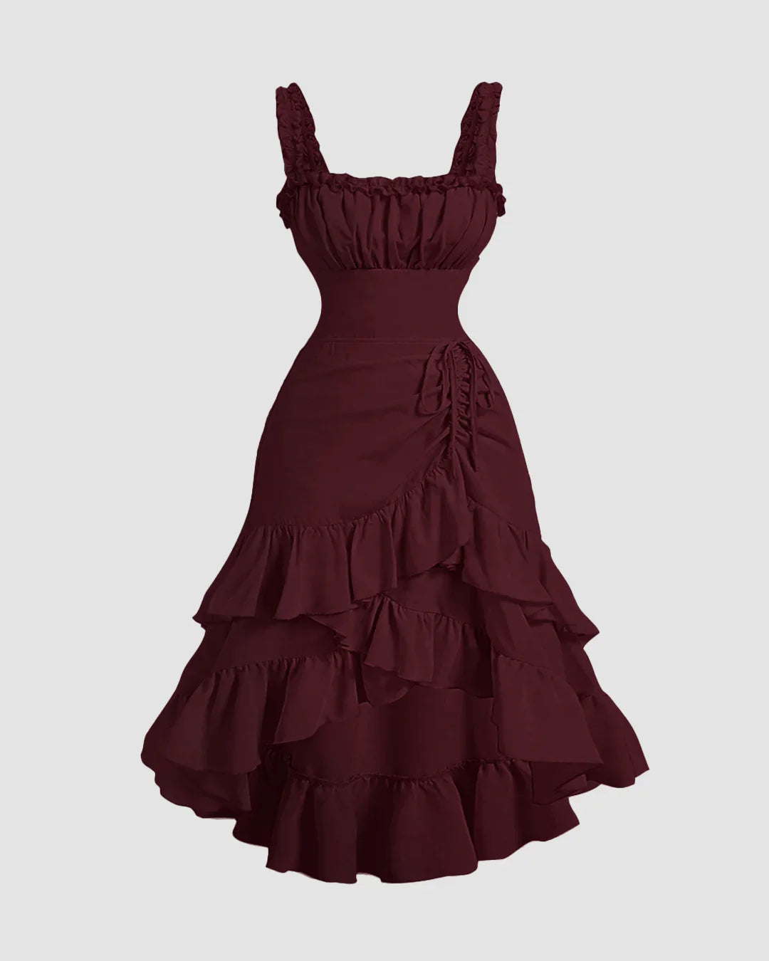 Maroon Ruched Square Neck Ruffle High-Low Midi Dress with Ruffle Hem