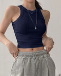 Sleeveless Ribbed High Neck Crop Top in Navy Blue