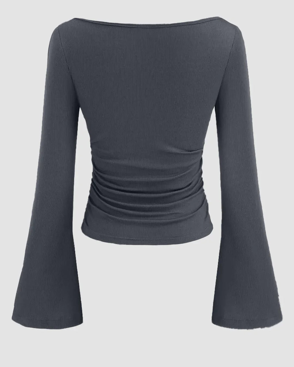 Boat Neck Solid Ruched Long Sleeve Top in Dark Grey