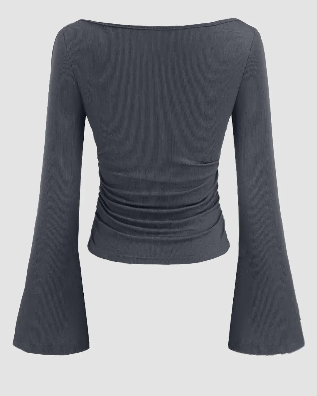 Boat Neck Solid Ruched Long Sleeve Top in Dark Grey