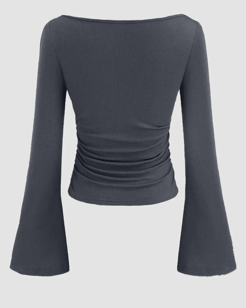 Boat Neck Solid Ruched Long Sleeve Top in Dark Grey