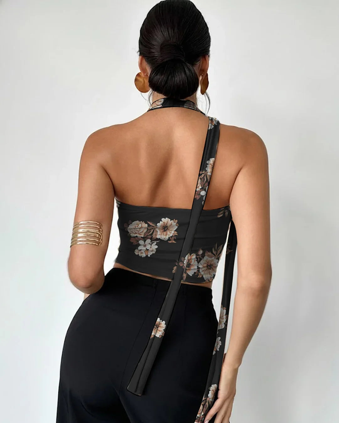 Black Floral Print Halter Tie Tube Top