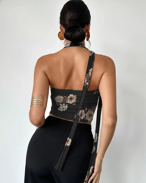 Black Floral Print Halter Tie Tube Top