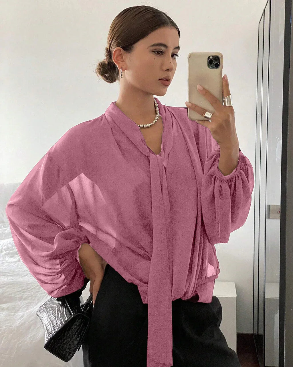 Sheer Tie-Neck Long Sleeve Top in Pink