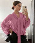 Sheer Tie-Neck Long Sleeve Top in Pink