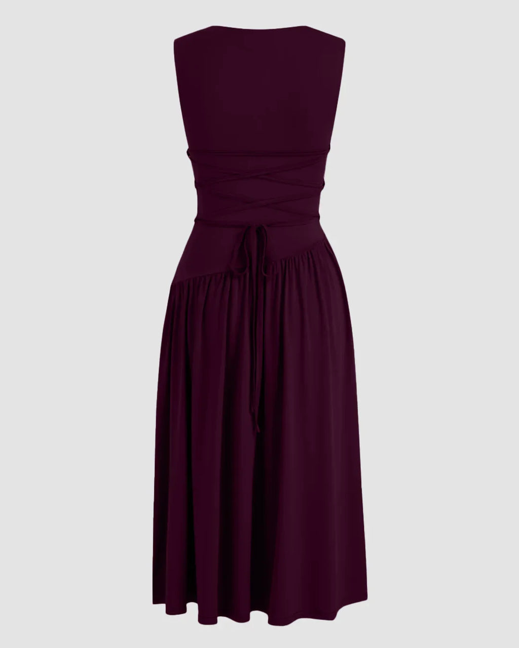 Round Neckline Ruffle Ruched Lace Up Midi Dress Curve & Plus in Maroon