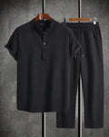 Men Solid Color Half-Button Short Sleeve Shirt And Pocketed Long Pants Summer Casual Set