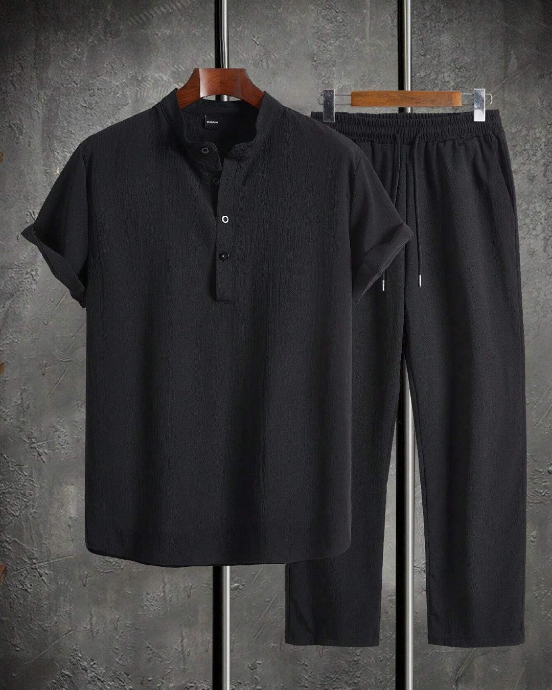 Men Solid Color Half-Button Short Sleeve Shirt And Pocketed Long Pants Summer Casual Set