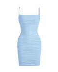 Ruched Mesh Cami Summer Short Bodycon Dress In Blue