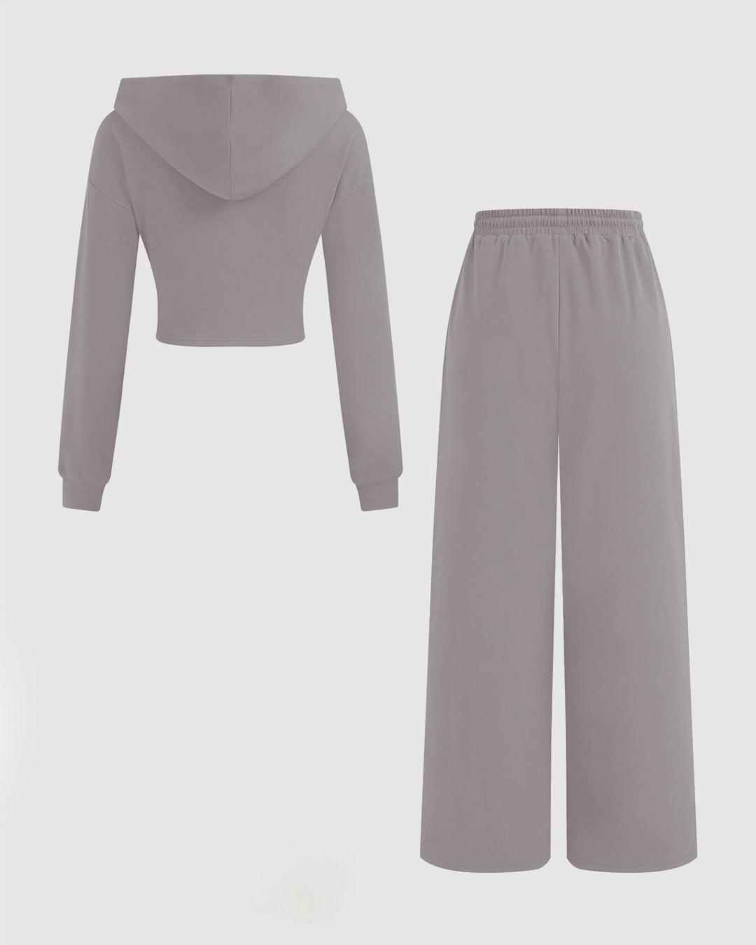 Solid Ruched Hoodie & Mid Rise Knotted Straight Leg Trousers Set In Mocha