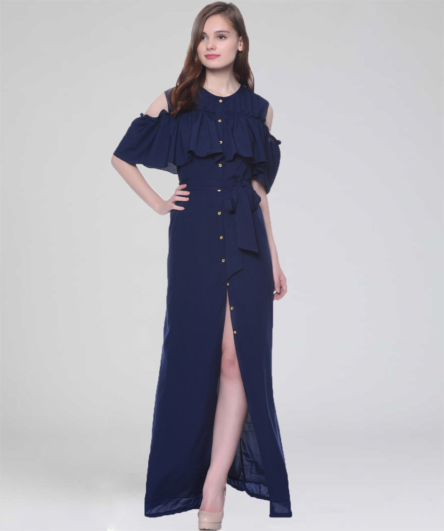 Ruffled Buttoned Cold Shoulder Maxi Dress