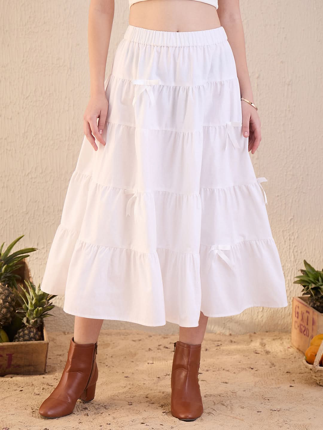 Cotton Tiered Bow Midi Skirt