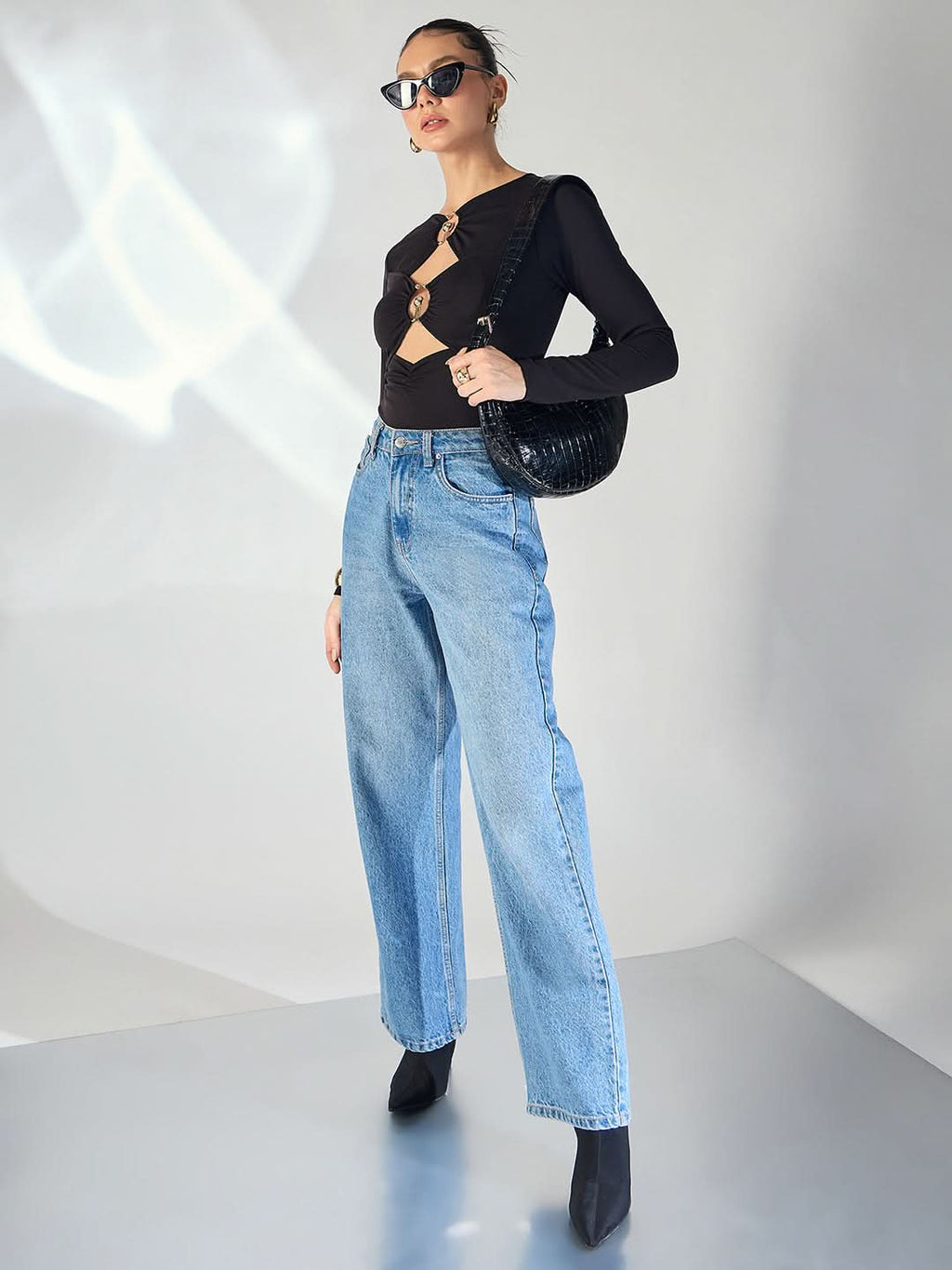 Stretchable Black and Golden Toned Cut-Out Top