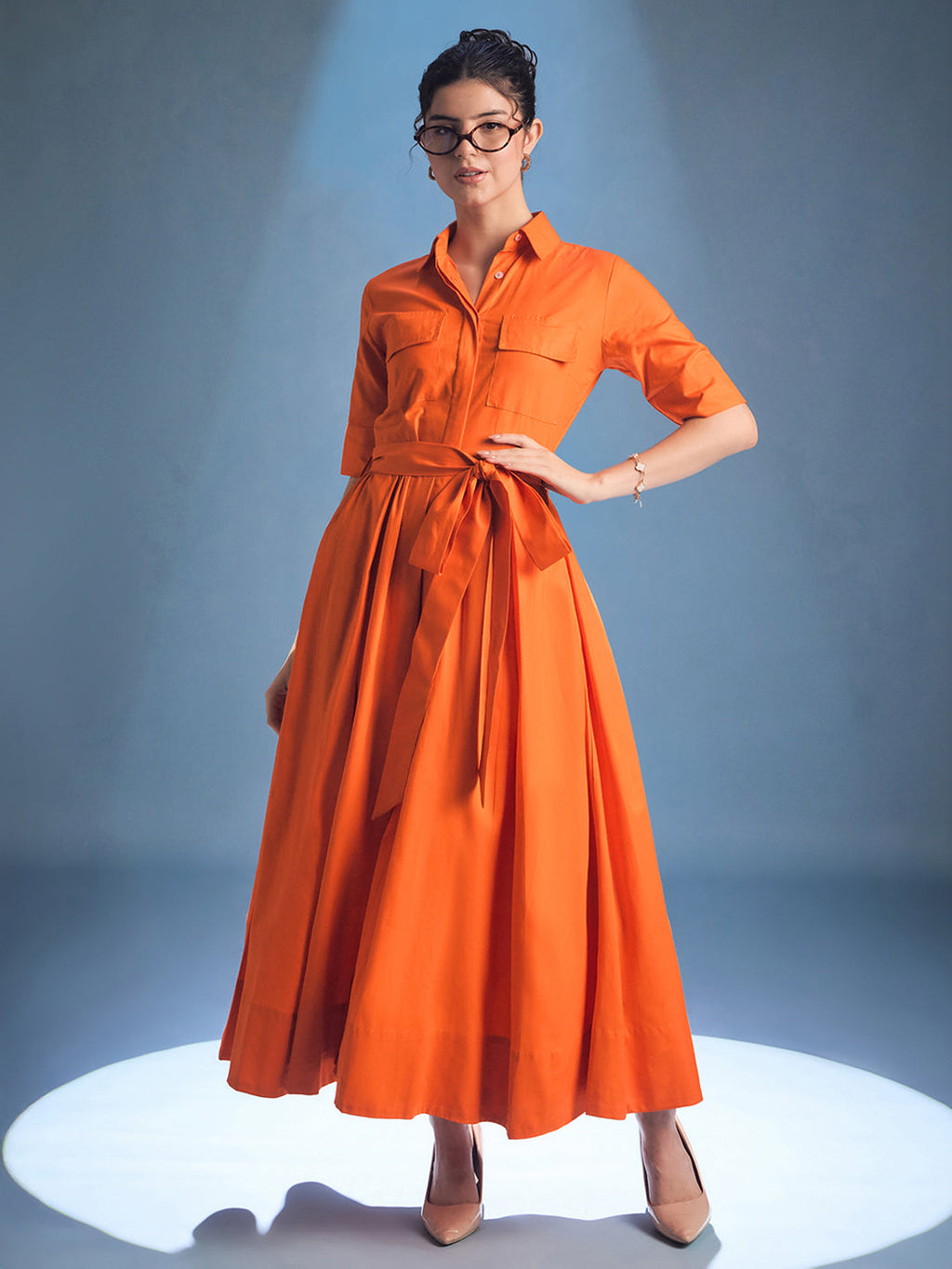 Pure Cotton Flared Shirt Dress With Belt