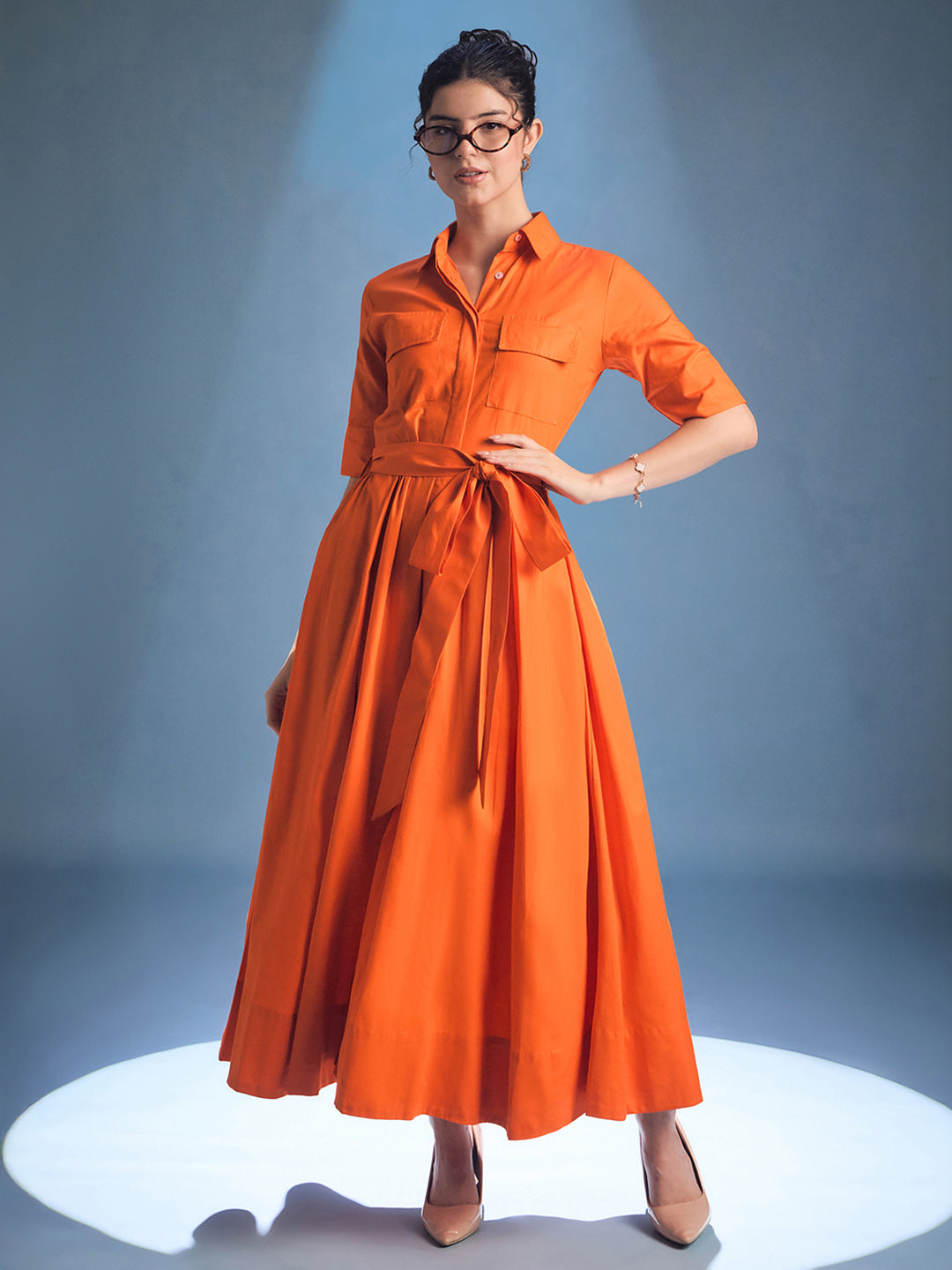 Pure Cotton Flared Shirt Dress With Belt