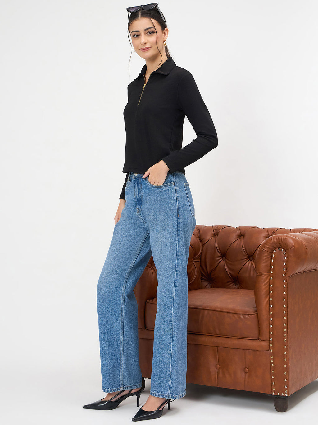 Stretchable Full Sleeves Front Zip Up Top