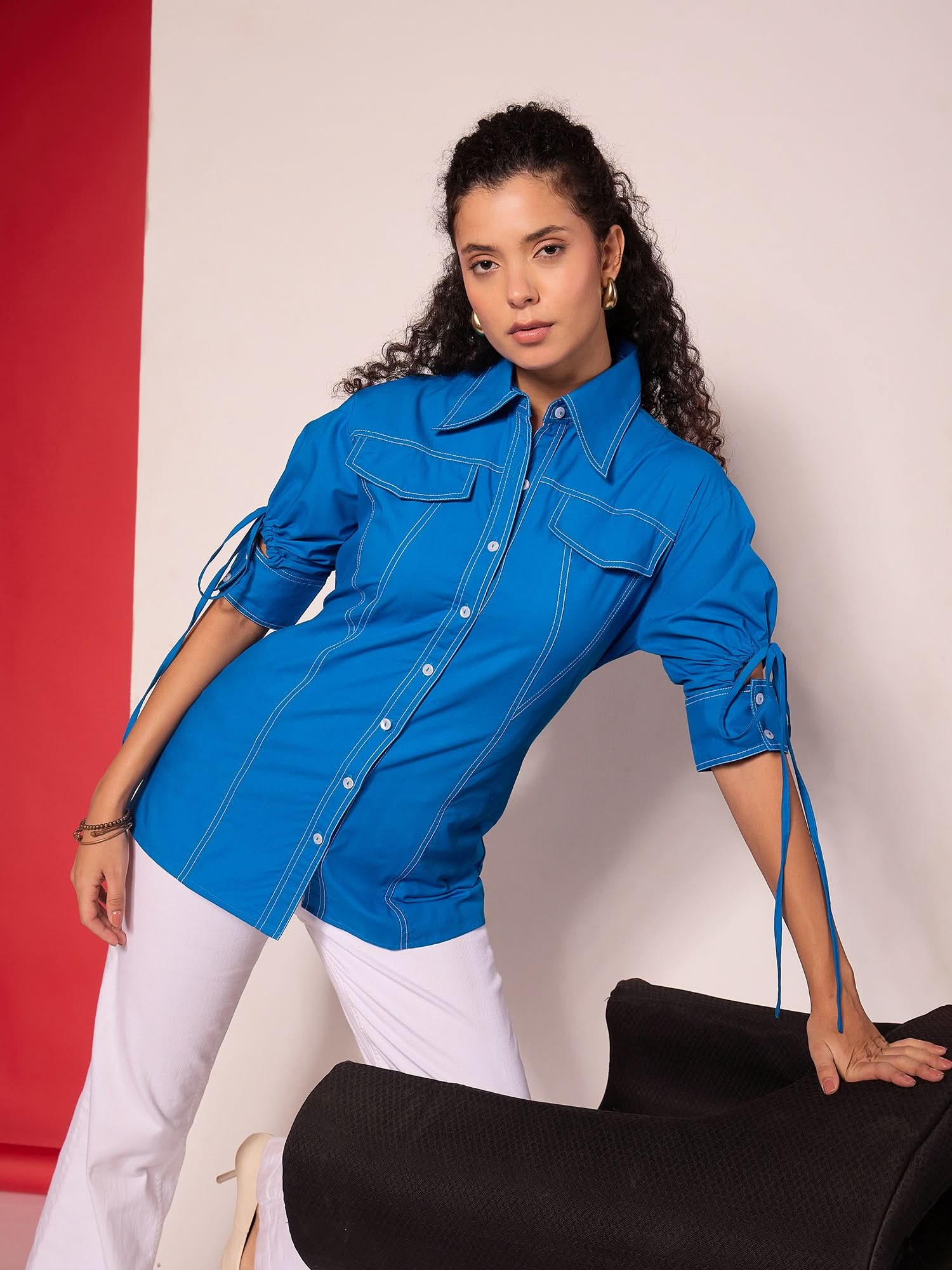 Panelled Cotton Shirt With Tie-Up Sleeves