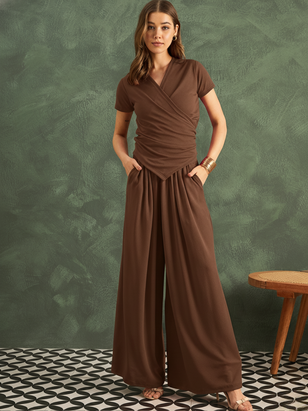 Stretchable Wrap Top & Flow Pants Co-Ord Set