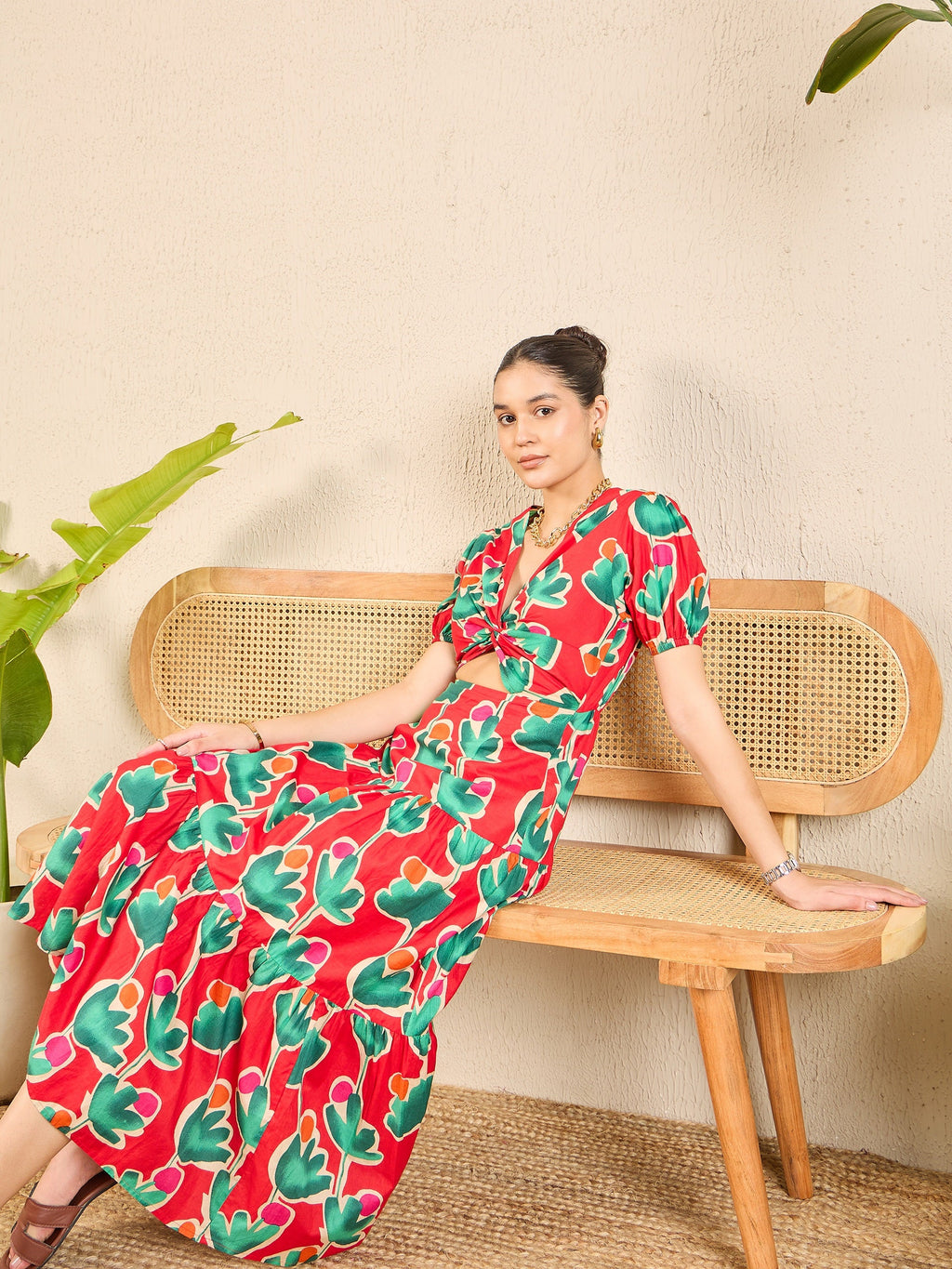 Puff Sleeve Front Cut Out Cotton Midi Dress