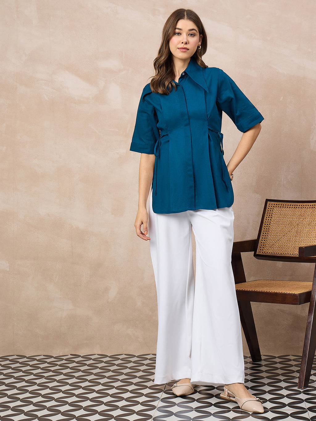 Pure Cotton Cinched Waist Collared Shirt