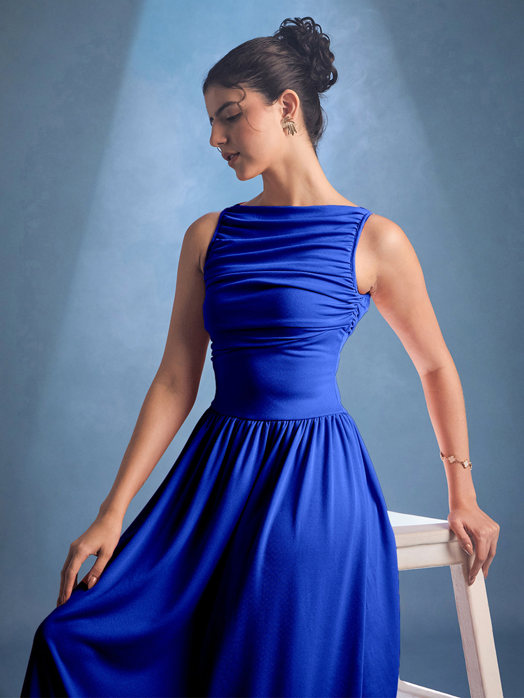 Stretchable Gathered Drop Waist Maxi Dress