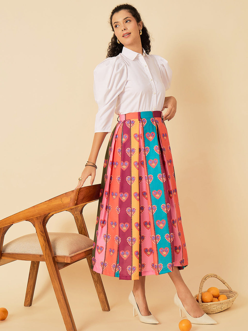 Box Pleated Linen Midi Skirt