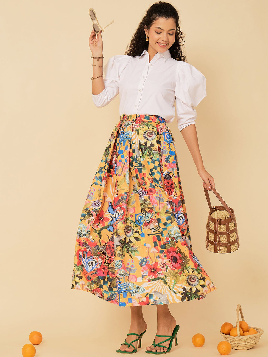 Box Pleated Linen Midi Skirt
