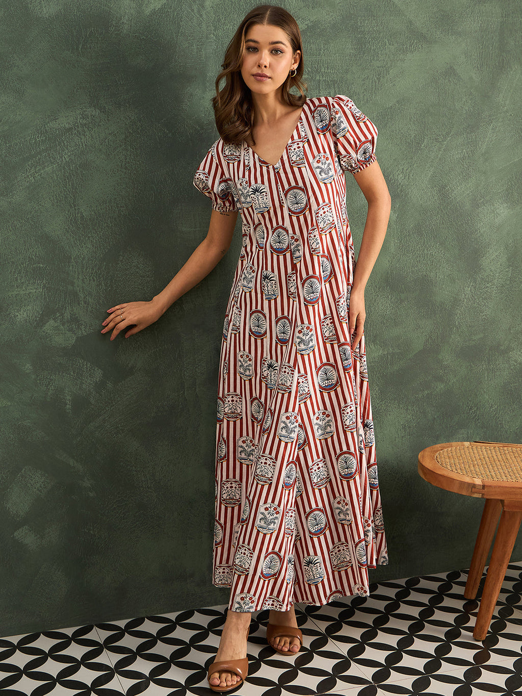 Puff Sleeve A-Line Pure Cotton Maxi Dress