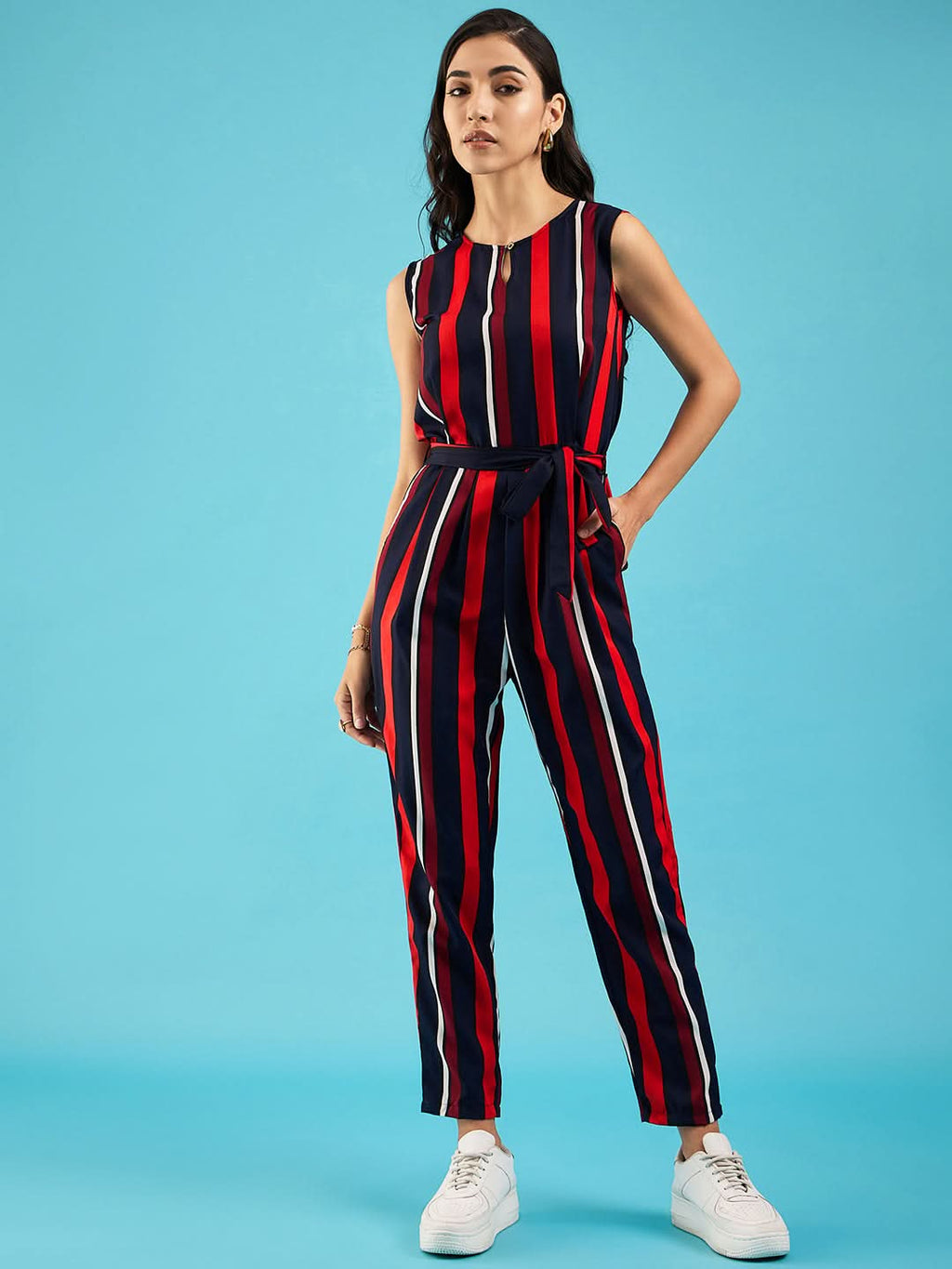 Striped Keyhole Jumpsuit with Belt