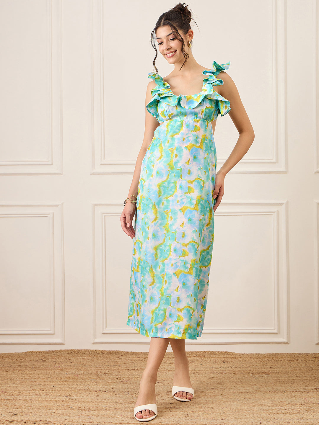 Printed Frilled Scoop Neck Linen Dress