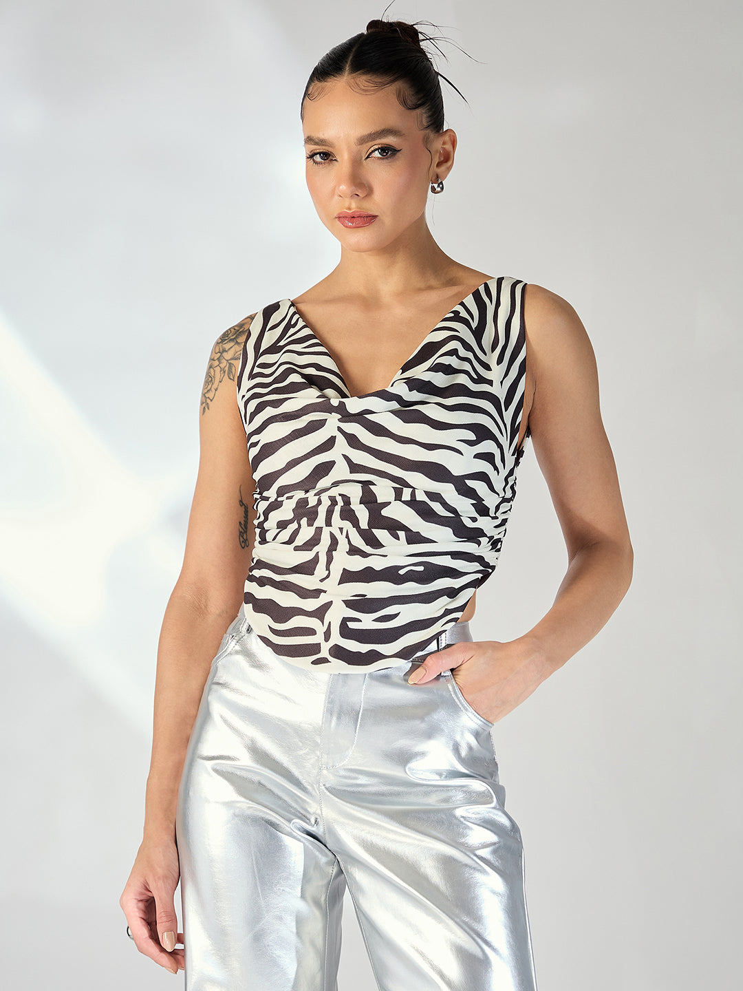 Printed Cotton Stretchable Draped Crop Top - Pinkkup