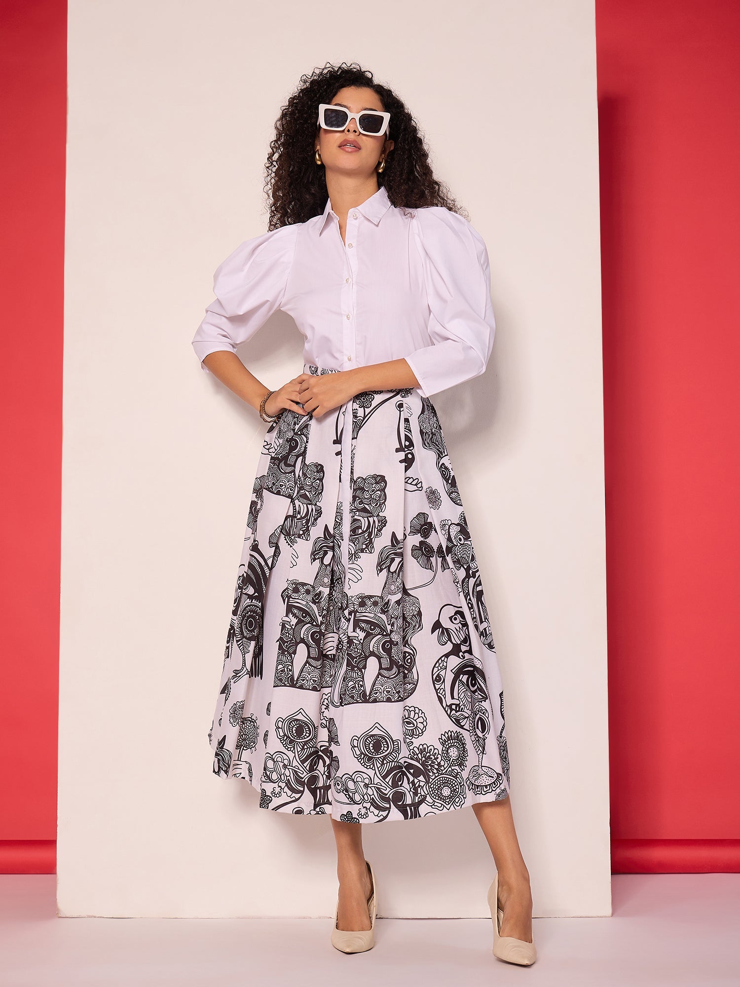 Box Pleated Linen Midi Skirt