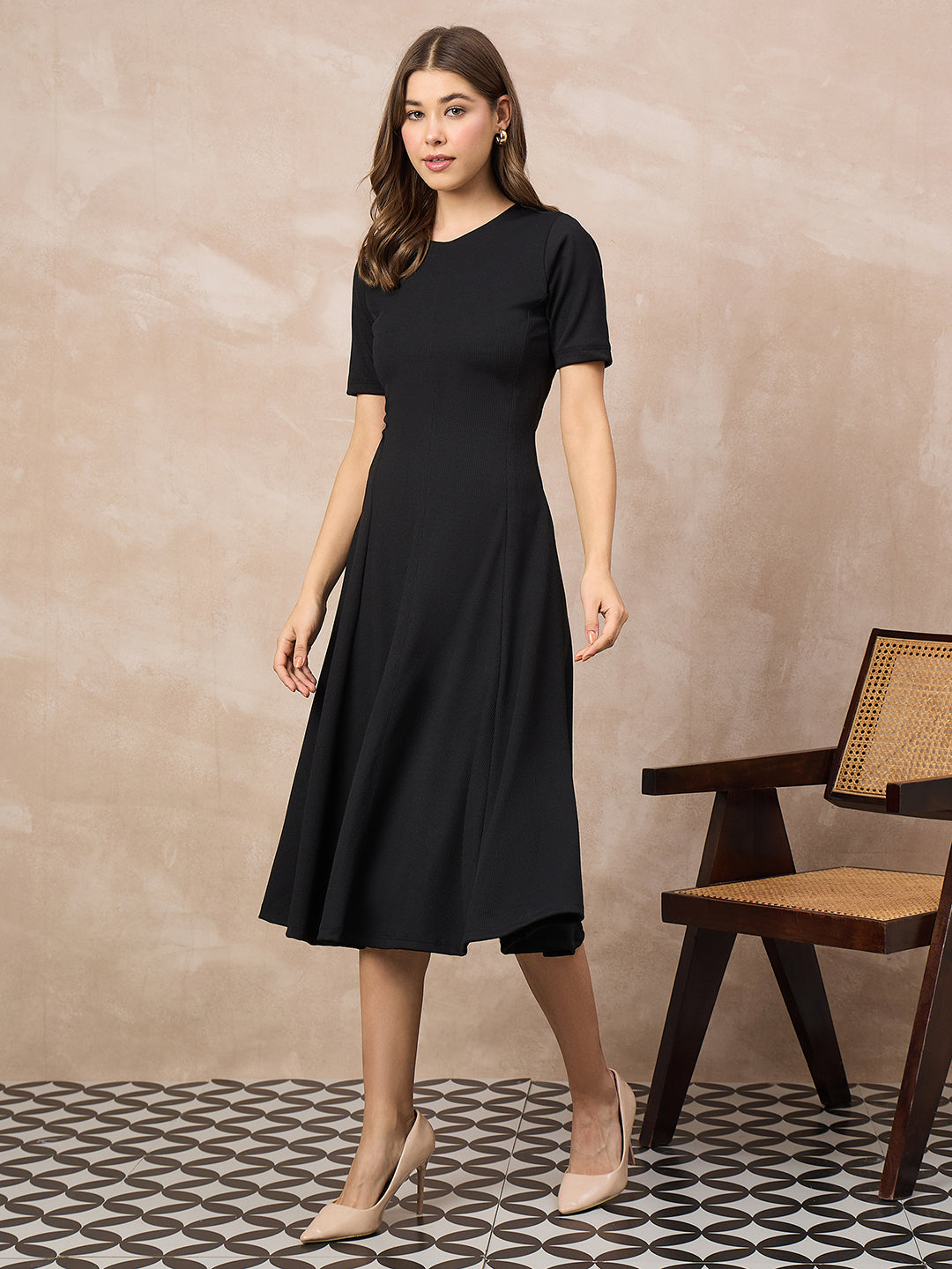 Stretchable Flared-Skirt Ribbed Dress