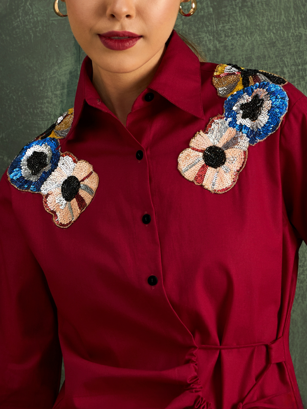 Pure Cotton Tie-Up Sequinned Shirt