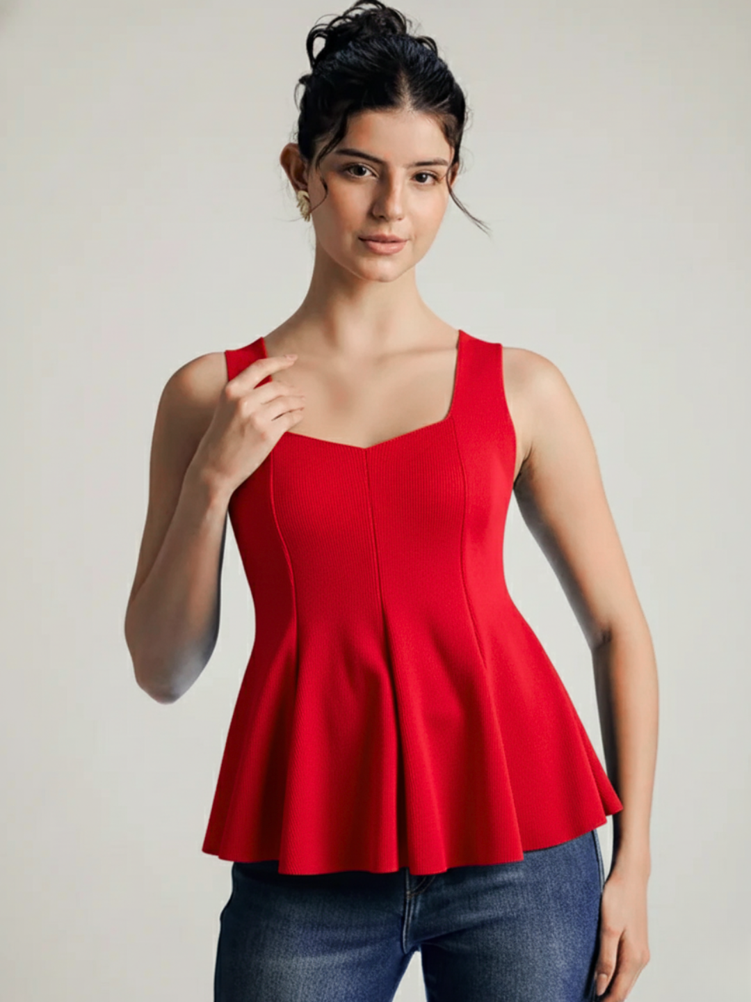 Stretchable Ribbed Peplum Top - Pinkkup