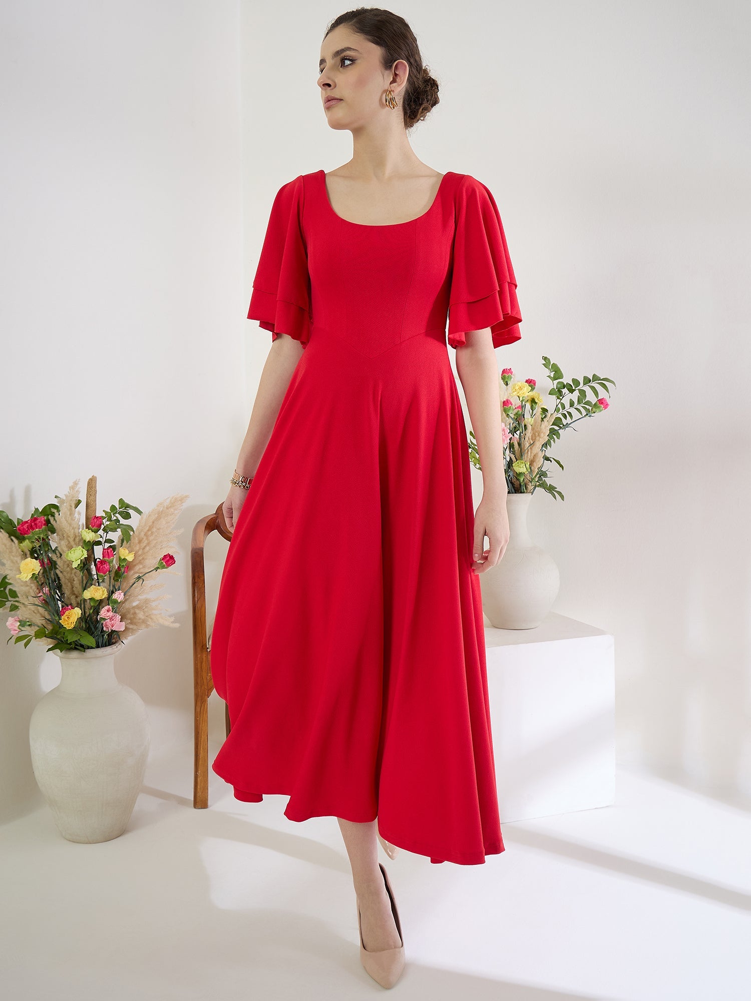 Stretchable Ruffled Sleeve Fit & Flare Dress