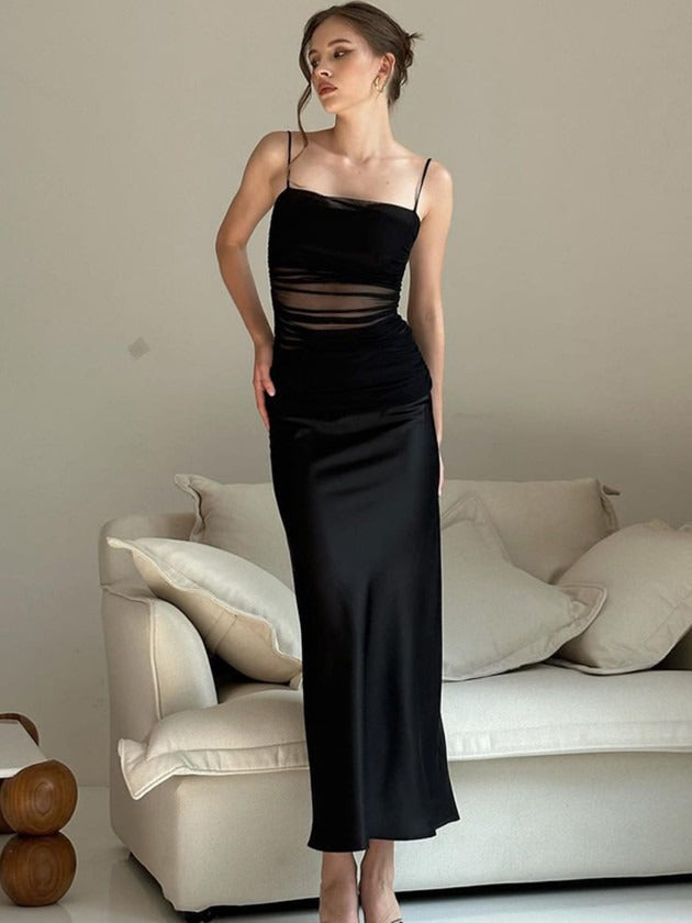 Cowl Neck Sheath Midi Dress Beige Shoulder Straps Maxi Dress