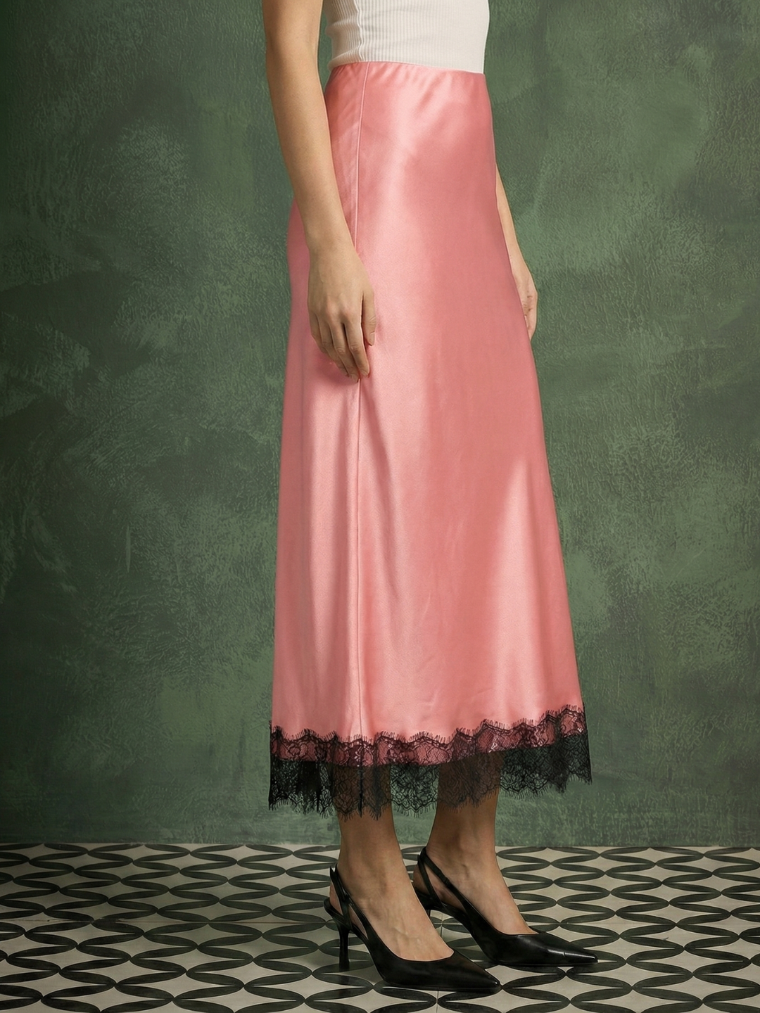 Lace Satin Midi Skirt