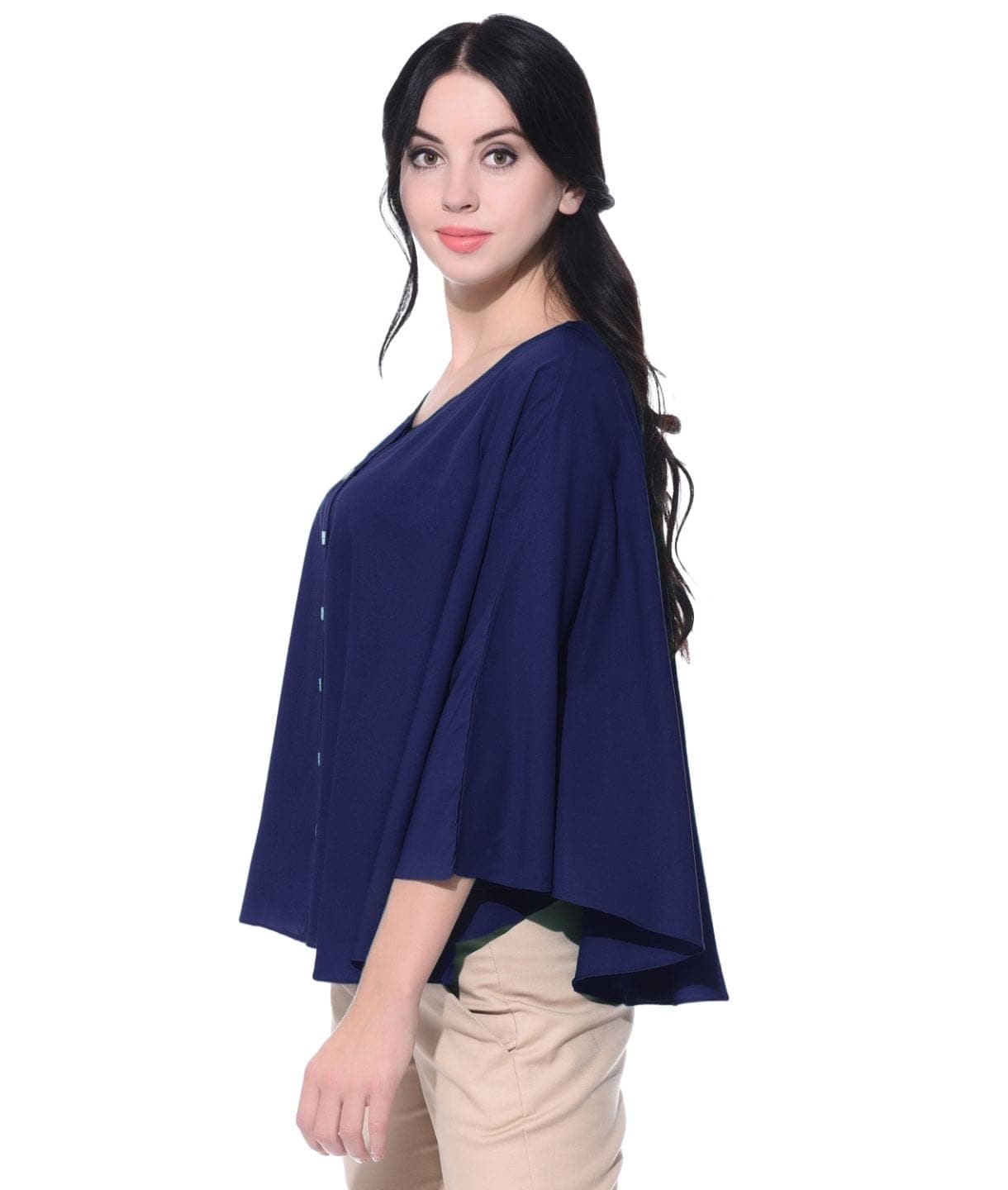 Navy Blue Buttoned Crepe Cape Top