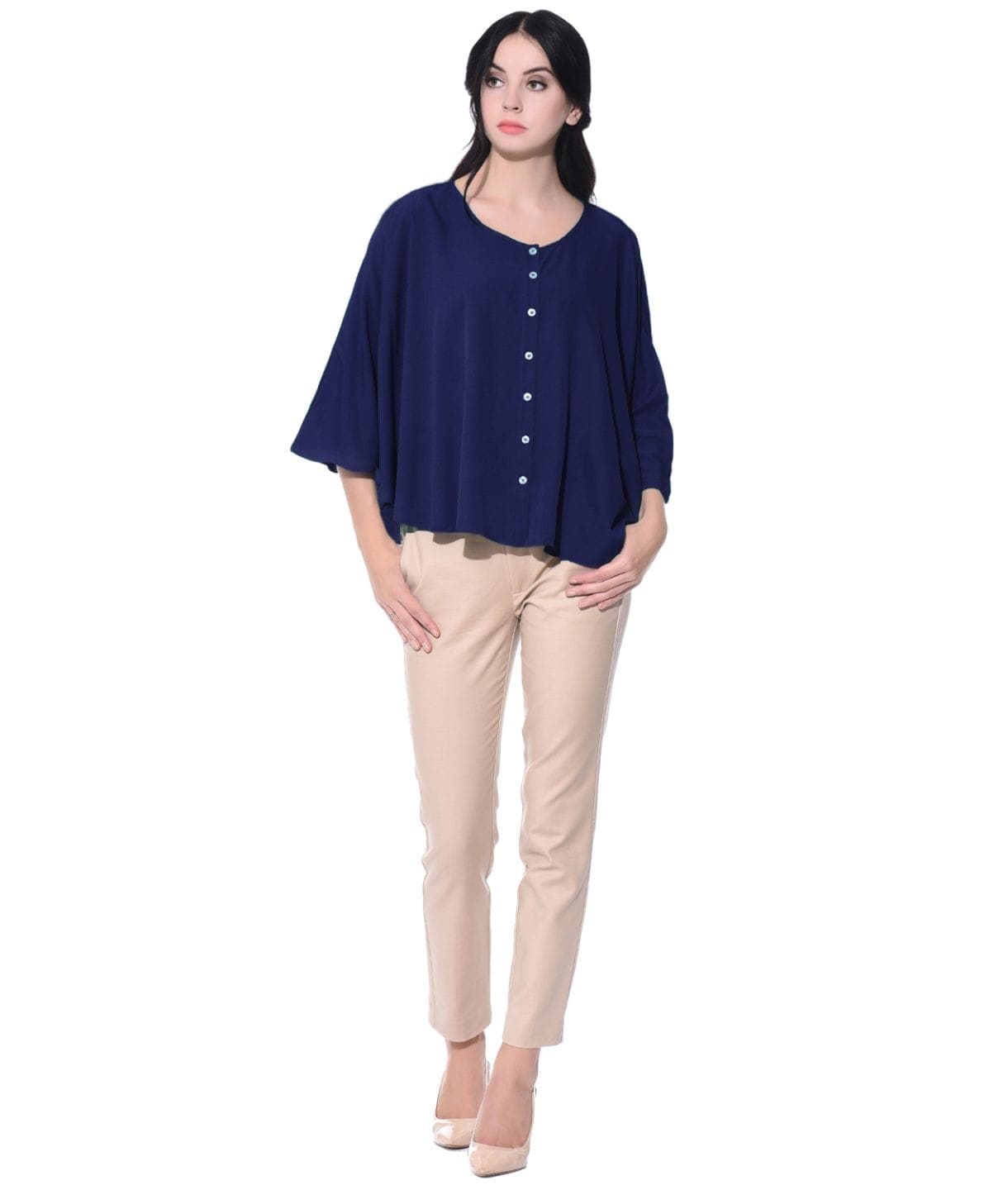 Navy Blue Buttoned Crepe Cape Top